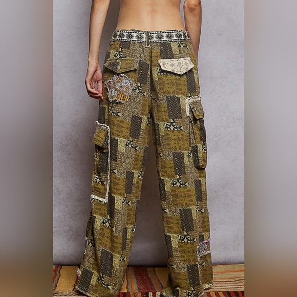 POL Patchwork Wide Leg Pants - Olive and Beige - Picture 4 of 5